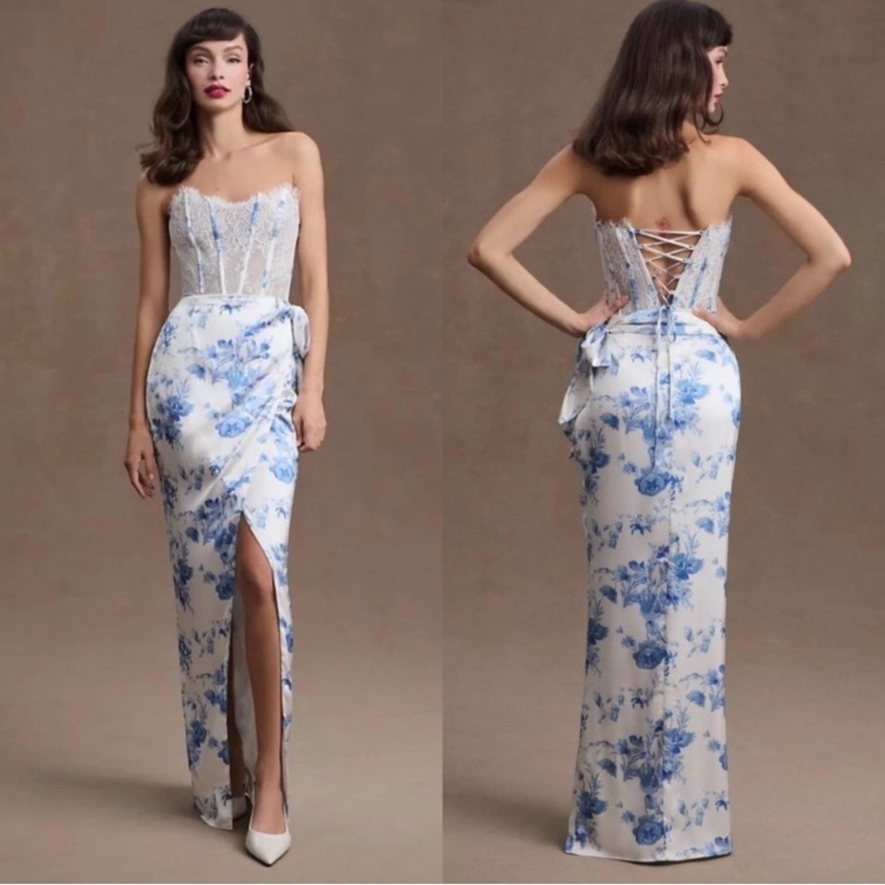 V. Chapman Blue and White Lace Bodice Floral Column Gown